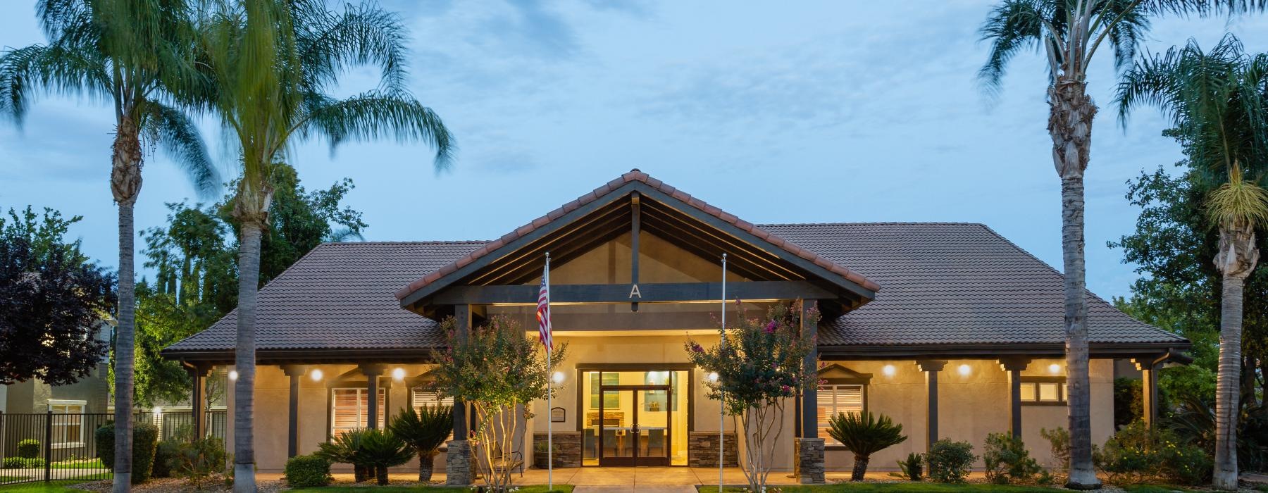 a building with palm trees
