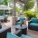 a patio with chairs and umbrellas