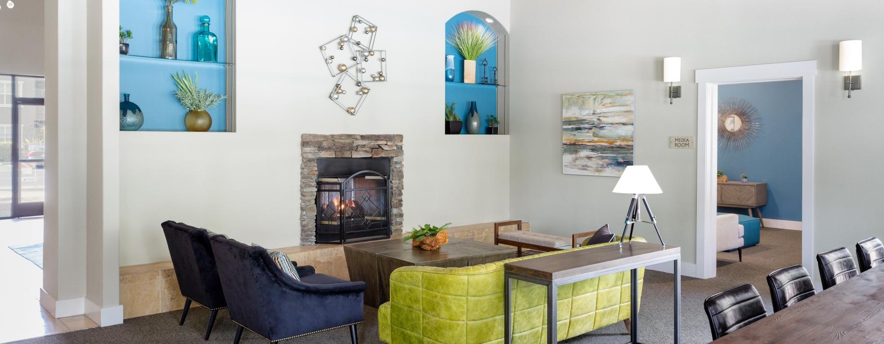 lounge with a fireplace and seating