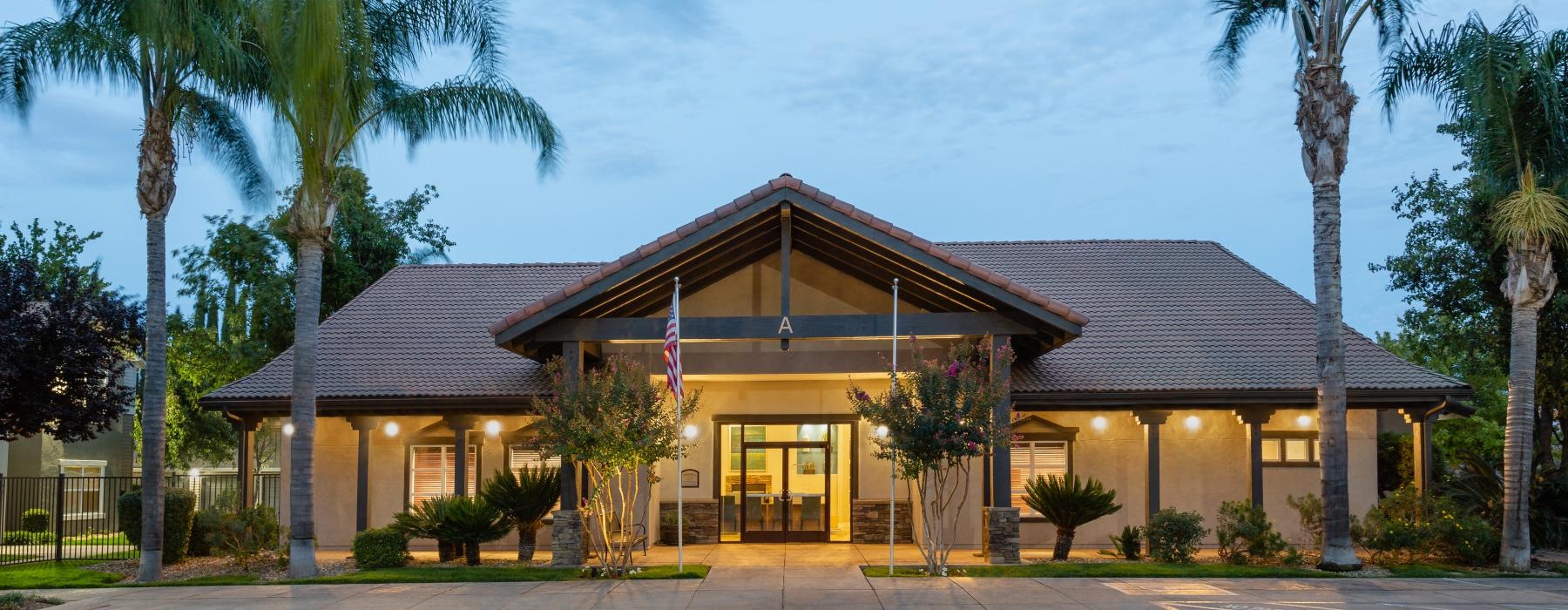 a building with palm trees