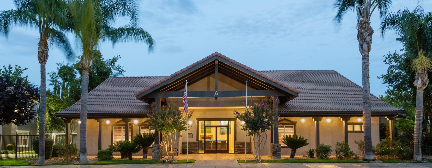 a building with palm trees